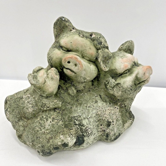 Pig Piglet Dad & Mama Pig W Baby Pig Green Terra Cotta Clay Figurine Yard Art - Picture 2 of 12
